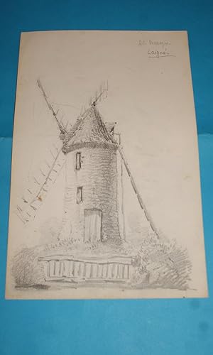 Moulin à Vent, Laigné (Mayenne) - Dessin Original attribué à Adolphe Messager, Artiste-Peintre La...