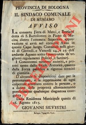 Avviso di fiera di bestiami e merci detta di S, Bartolomeo in Piano di Macina, il 24 e 25 di agosto.