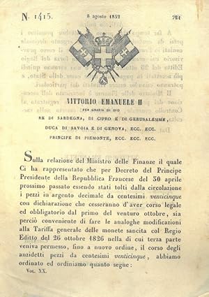 con cui si stabilisce il fine corso delle monete da 25 centesimi in argento coniate in Francia.