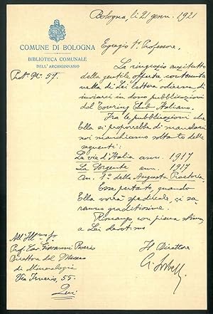 Lettera autografa e firmata da Sorbelli.