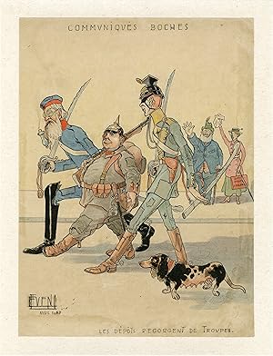 "COMMUNIQUÉS BOCHES" Dessin de presse aquarellé et entoilé (AVRIL 1915)