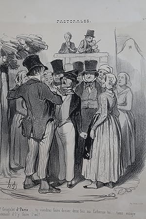 Lithographie originale en noir et blanc - Pastorales - "Ah ! Gringalet d'Paris.tu viendras faire ...
