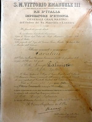 Diploma Nomina Cavaliere "Ordine dei SS. Maurizio e Lazzaro" Roma 3 Giugno 1938