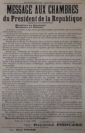 "MESSAGE AUX CHAMBRES DE L'ENTRÉE EN GUERRE (Discours de Raymond Poincaré le 4 Août 1914)" Affich...