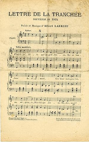 "LETTRE DE LA TRANCHÉE d' Albert LARRIEU" Poésie et Musique d' Albert LARRIEU / Partition origina...