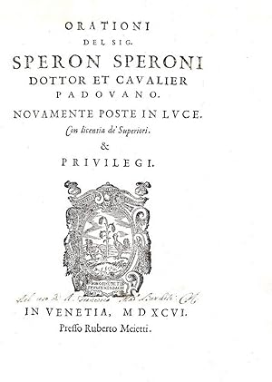 Orationi. In Venetia, appresso Ruberto Meietti, 1596.
