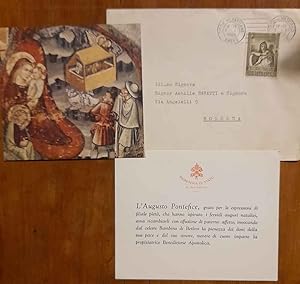 Biglietto di auguri illustrato e stampato, in latino con risposta agli auguri ricevuti